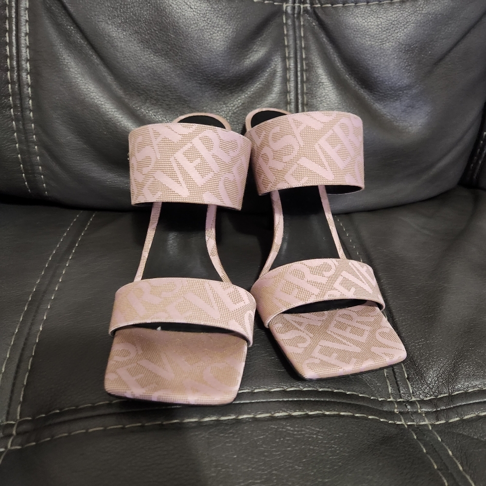 Versace Allover Logo Jacquard Pink Square Open Toe Heel NEW - Picture 10 of 11